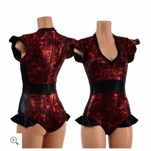 Primeval Red and Black Mystique Flip Sleeve Paneled Romper